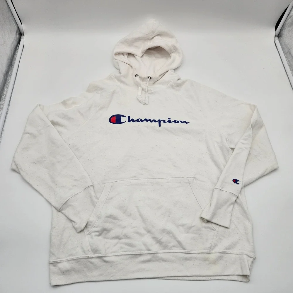 Champion Reverse Weave Hoodie White Speckled Logo‎ Pullover Athleisure Size XL